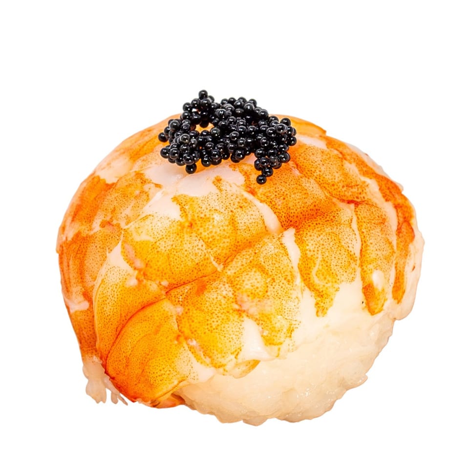 Bloop Bloop sushi: a single piece of shrimp nigiri topped with black caviar.