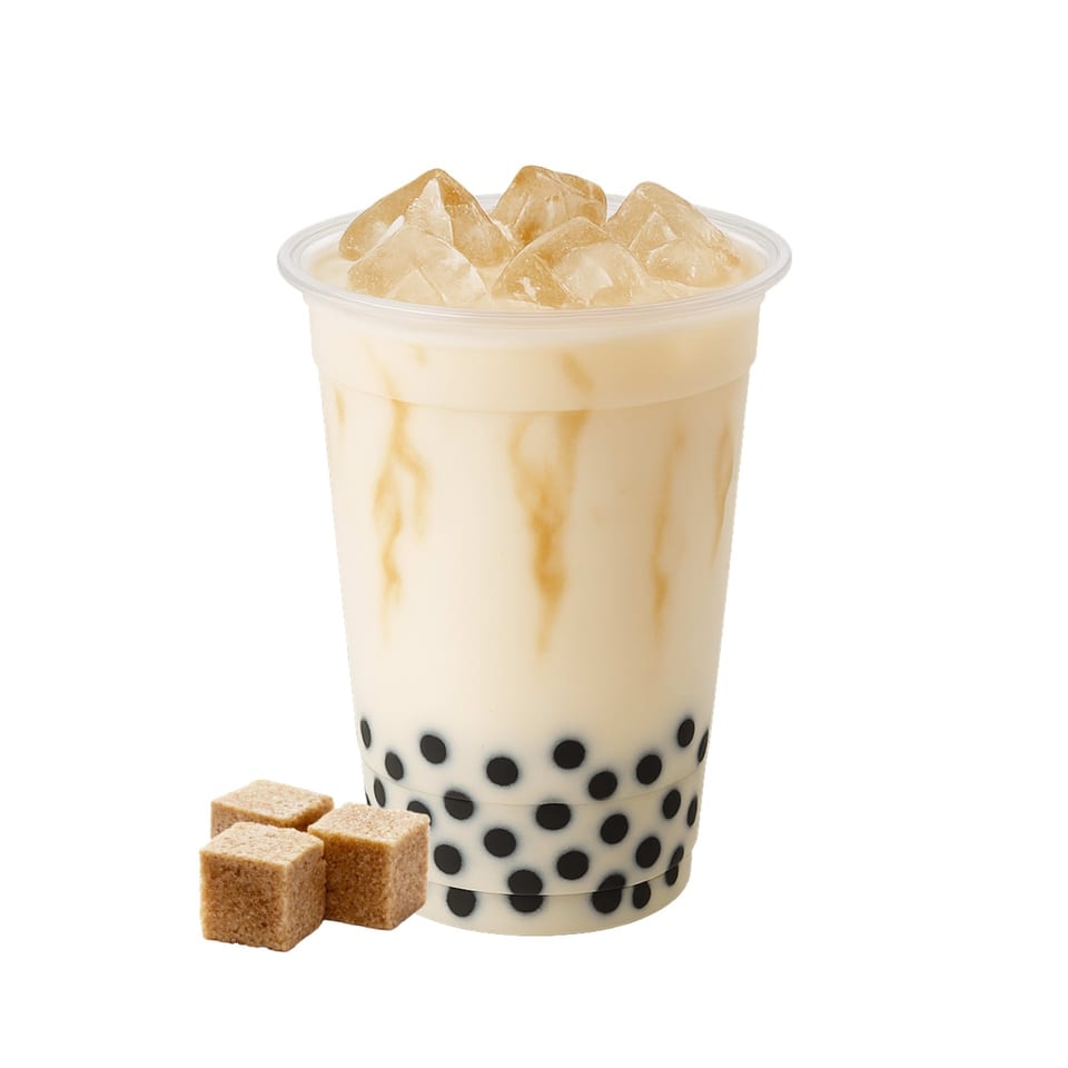 Bloop Bloop's bubble tea with ice, brown sugar cubes, and tapioca pearls on a white background.