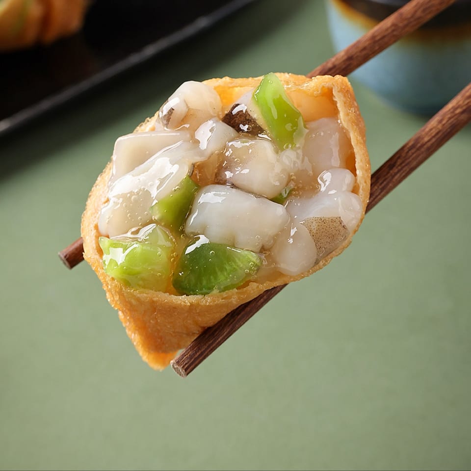 Chopsticks holding a Bloop Bloop sushi roll with squid, green peppers, and mushrooms.