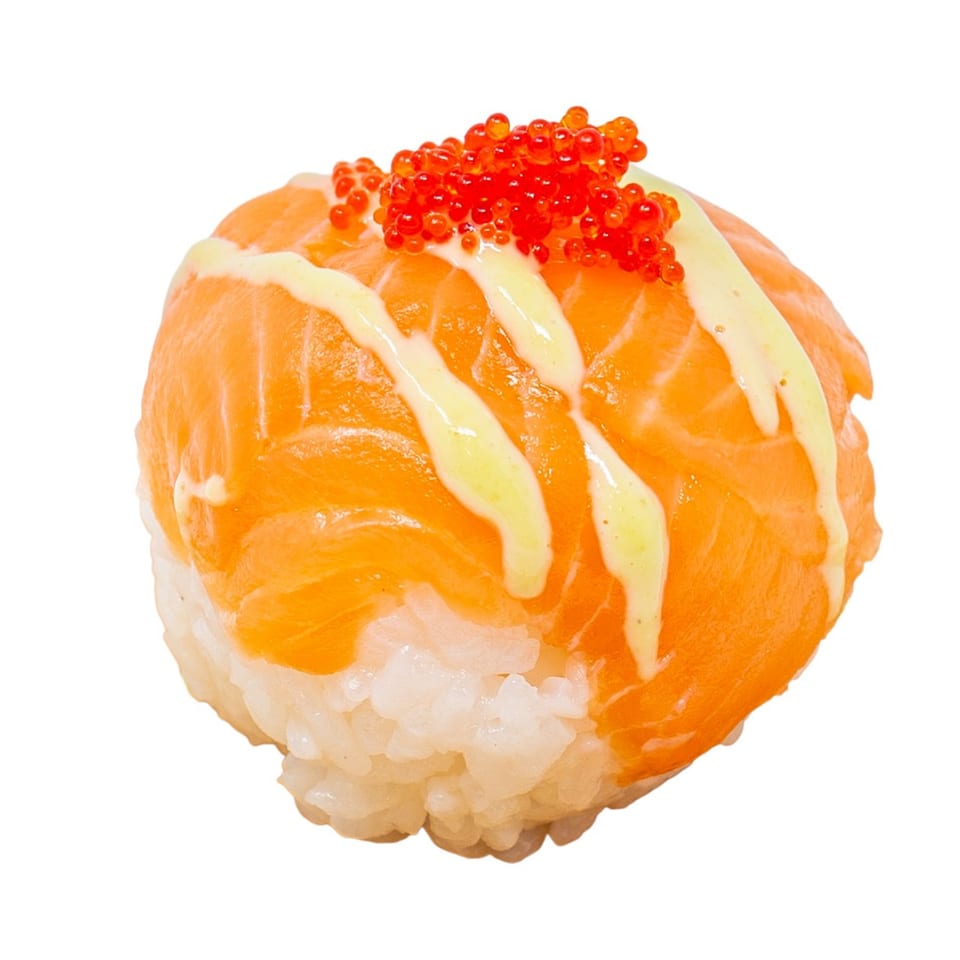 A salmon sushi ball topped with mayonnaise and bright red salmon roe, from Bloop Bloop.