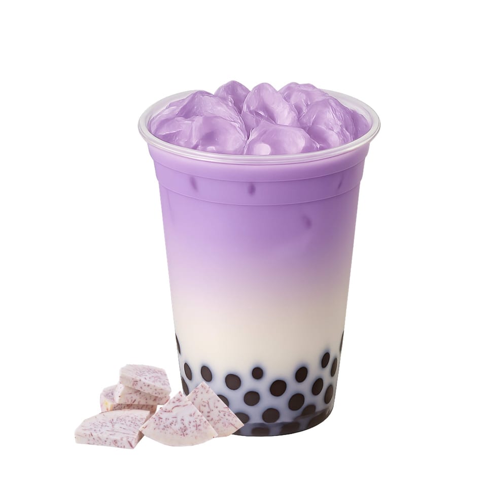 Taro bubble tea with purple drink, white milk, black boba, and taro chunks.